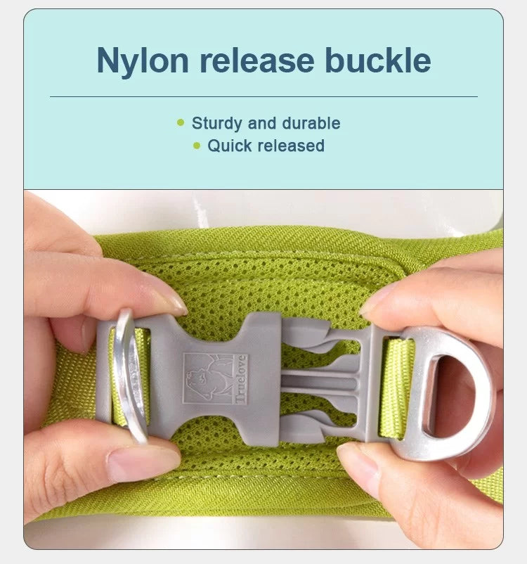 Nylon quick-release buckle on moss green mesh dog harness with metal ring hardware