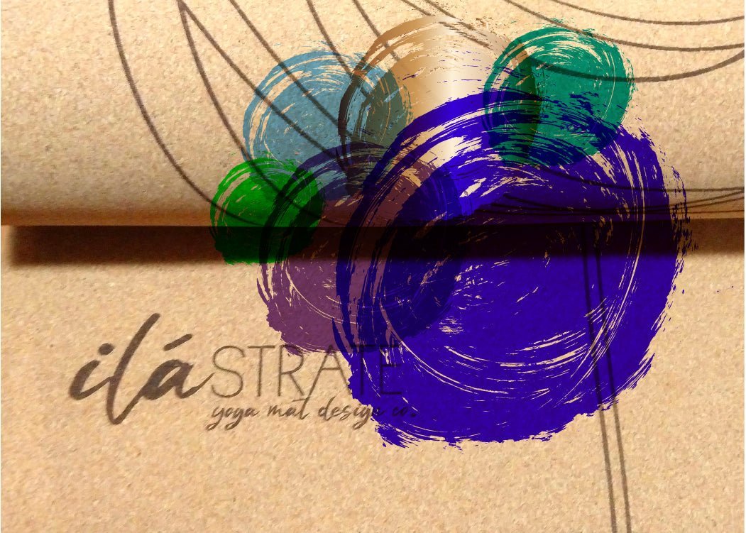 Cork yoga mat detail with layered blue, green, and purple painted circles