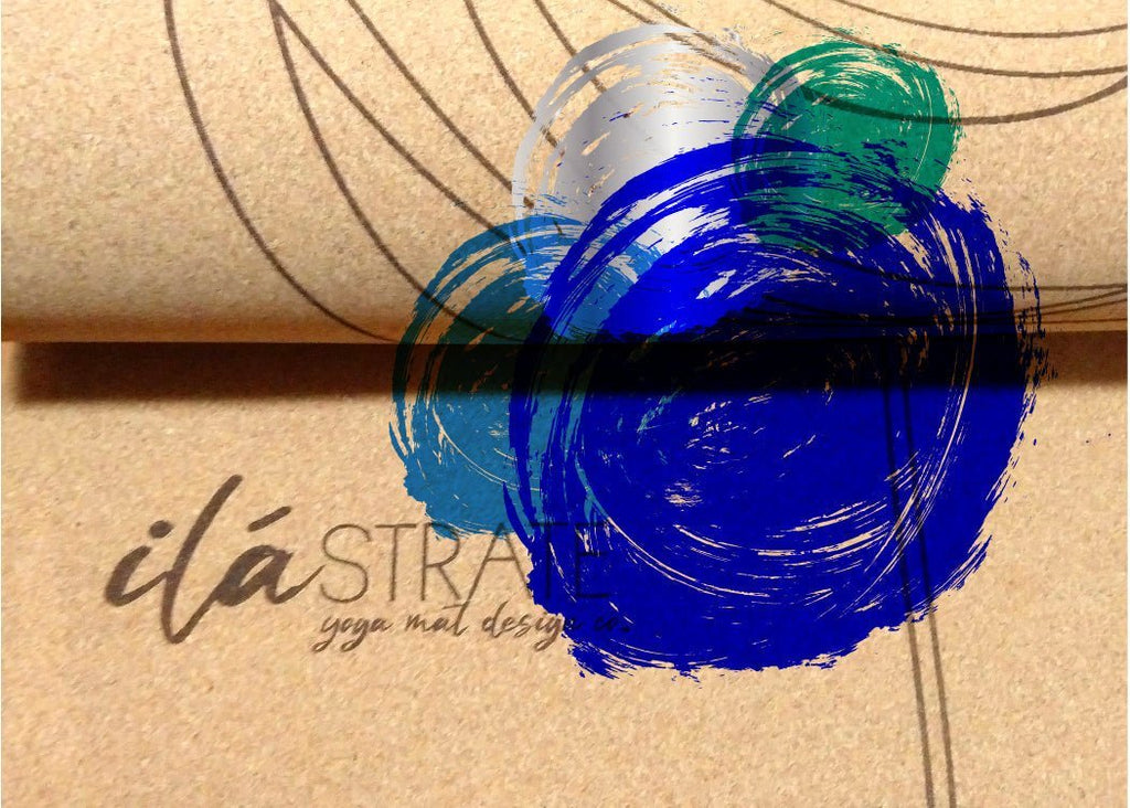 Cork yoga mat detail with blue and green painted circles