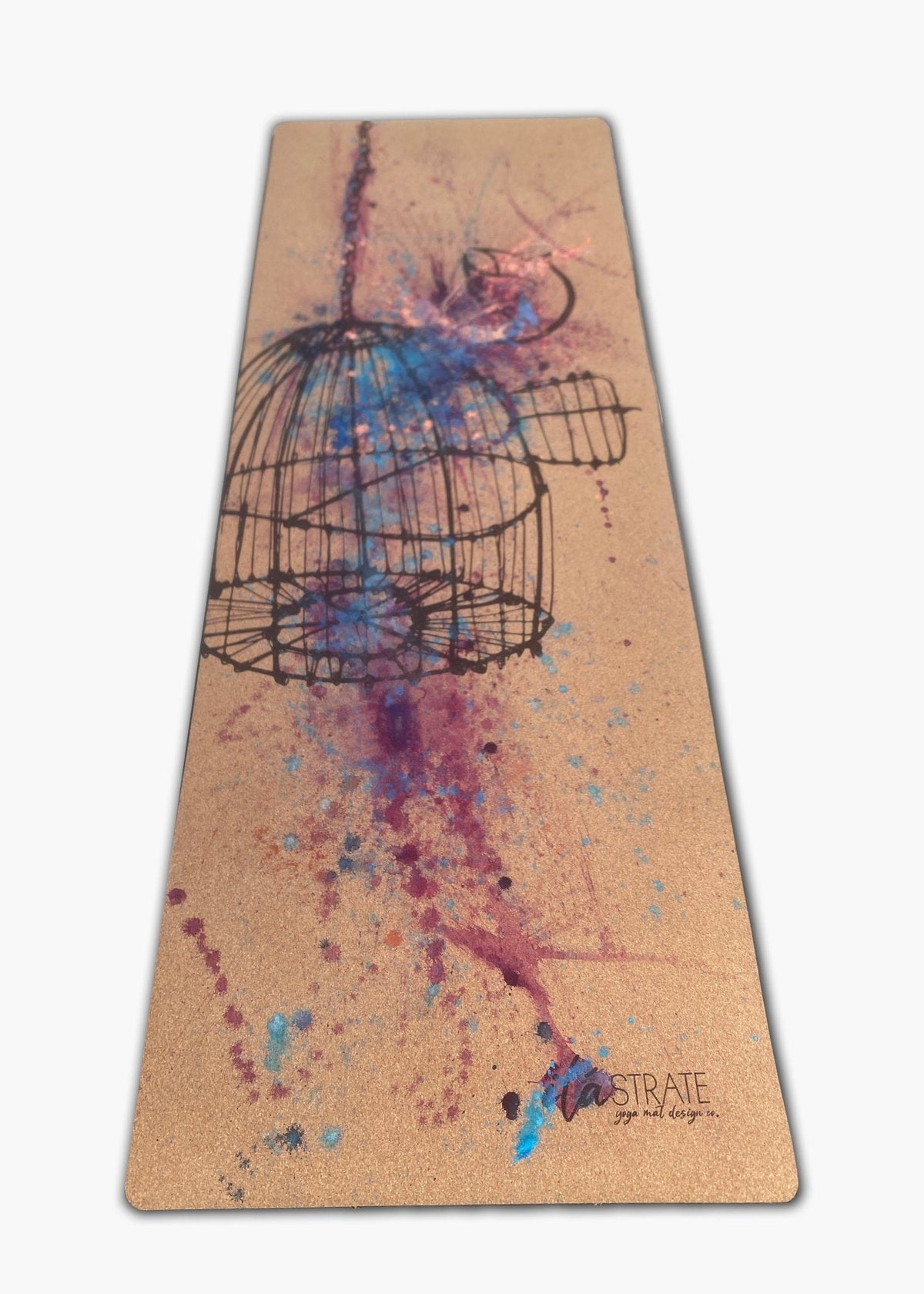 Cork travel yoga mat with birdcage artwork and colorful paint streaks