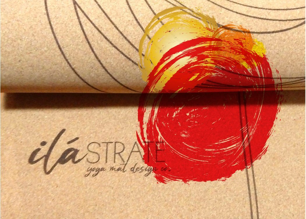 Cork travel yoga mat with hand-painted red and yellow chakra art and linework