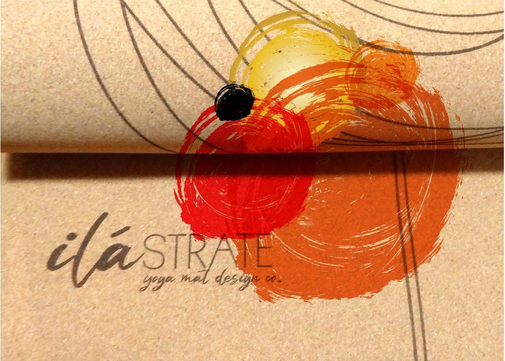 Cork yoga mat detail with red, orange, and yellow painted circles