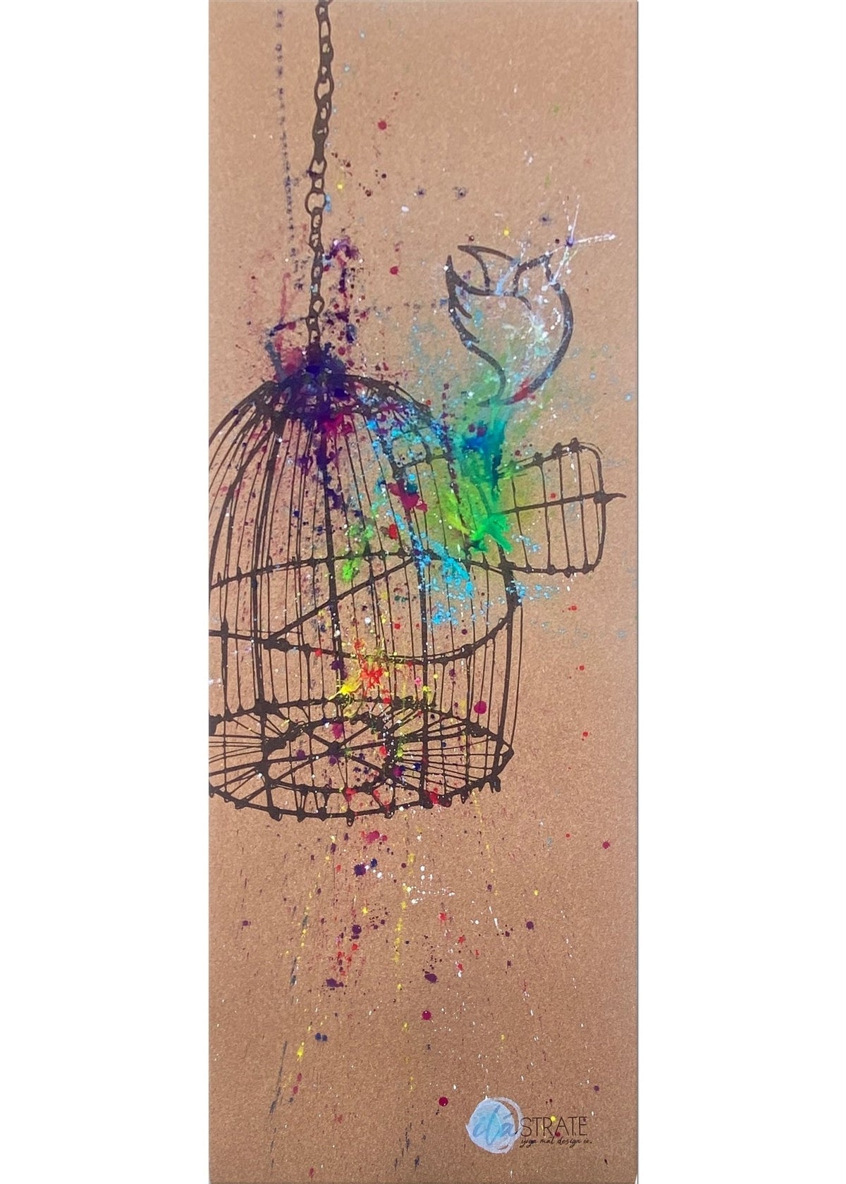 Cork travel yoga mat with a hand-painted birdcage and colorful paint splashes