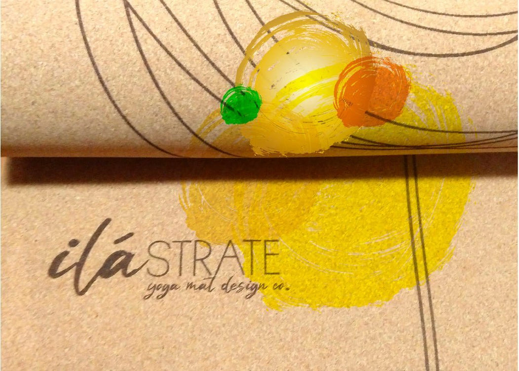 Cork yoga mat detail with yellow and orange painted circles