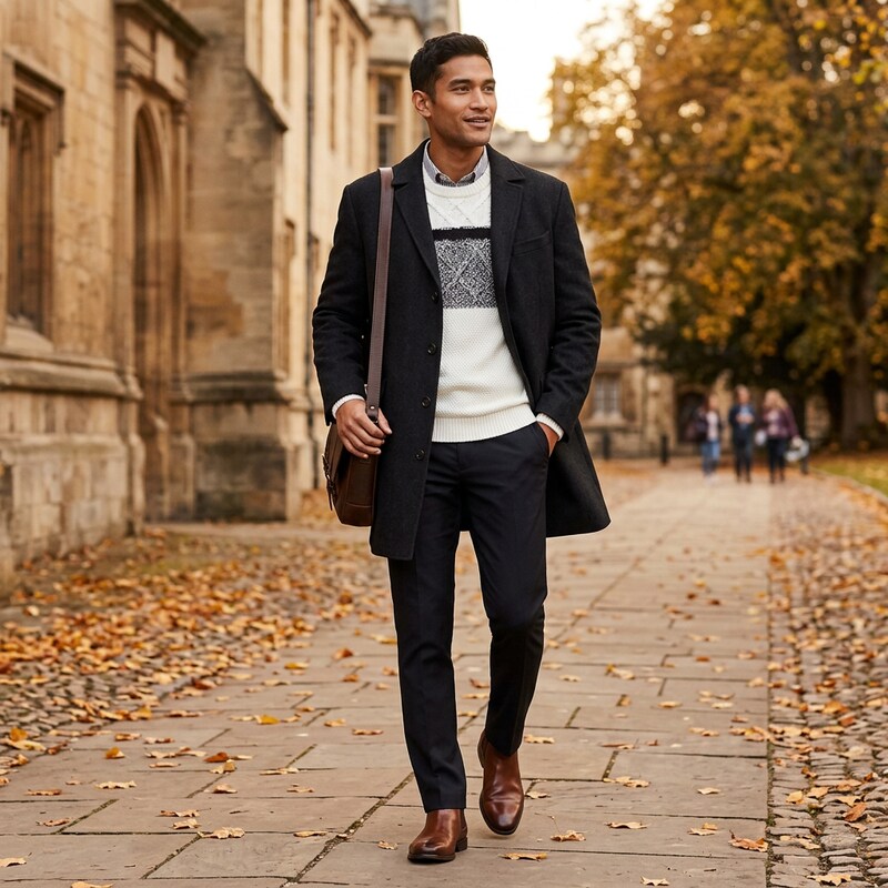 Men's black wool-blend slim-fit overcoat with notched lapels and long length