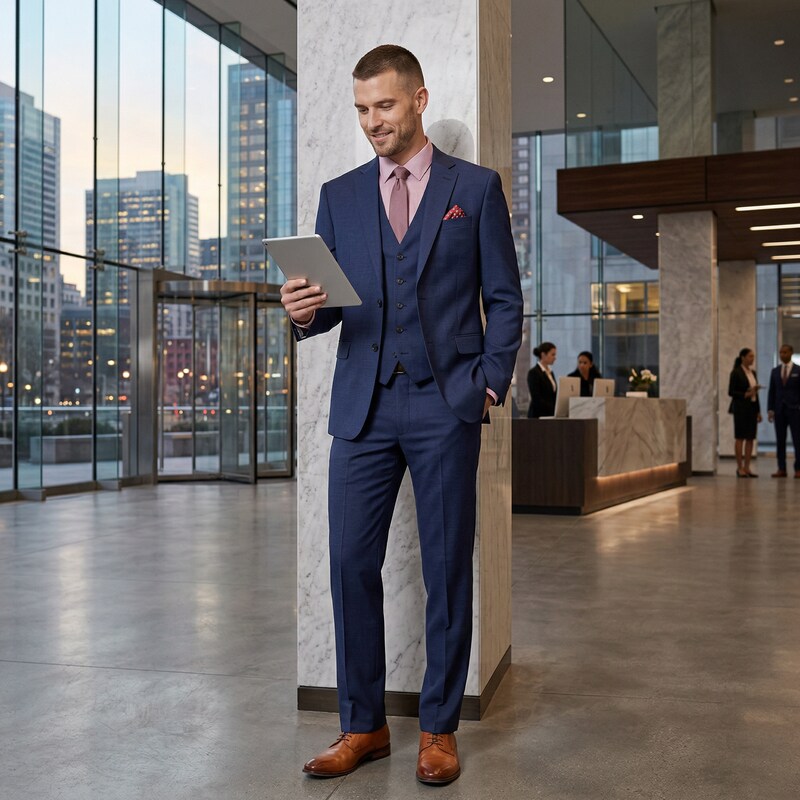 Men's blue tonal windowpane 3-piece suit, extra-slim fit, vest and pocket square