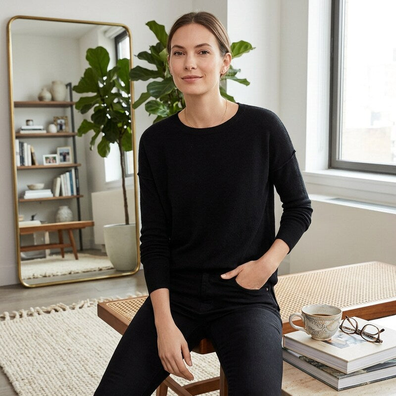 Women's black hi-low crewneck sweater with long sleeves