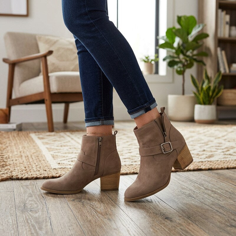 Taupe suede ankle boots with side buckle, stretch panels, block heel