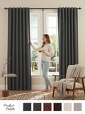 Blackout window curtain panel with grommet top, dark charcoal pleated design