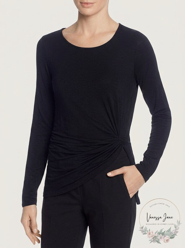Twist-front long sleeve blouse in dark navy with gathered waist detail