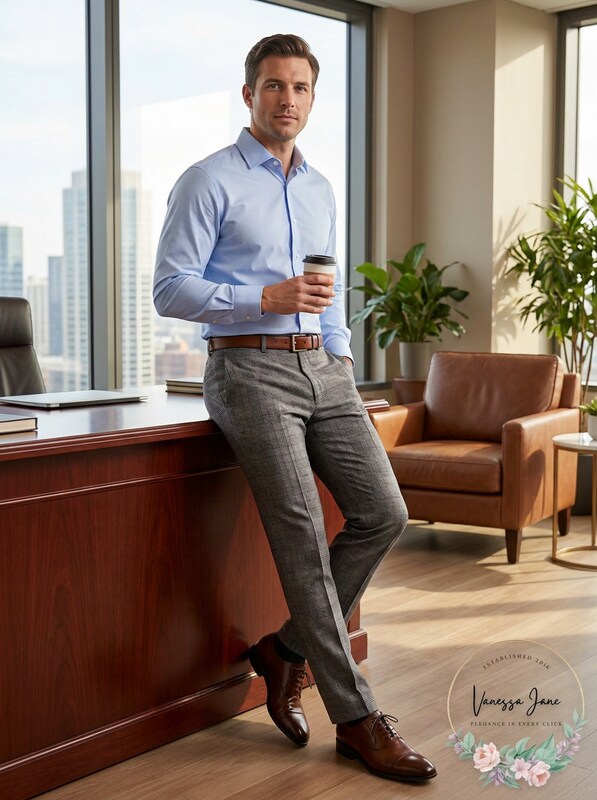 Men's slim-fit dress pants with mini-check pattern, medium grey, belt loops and crease front.