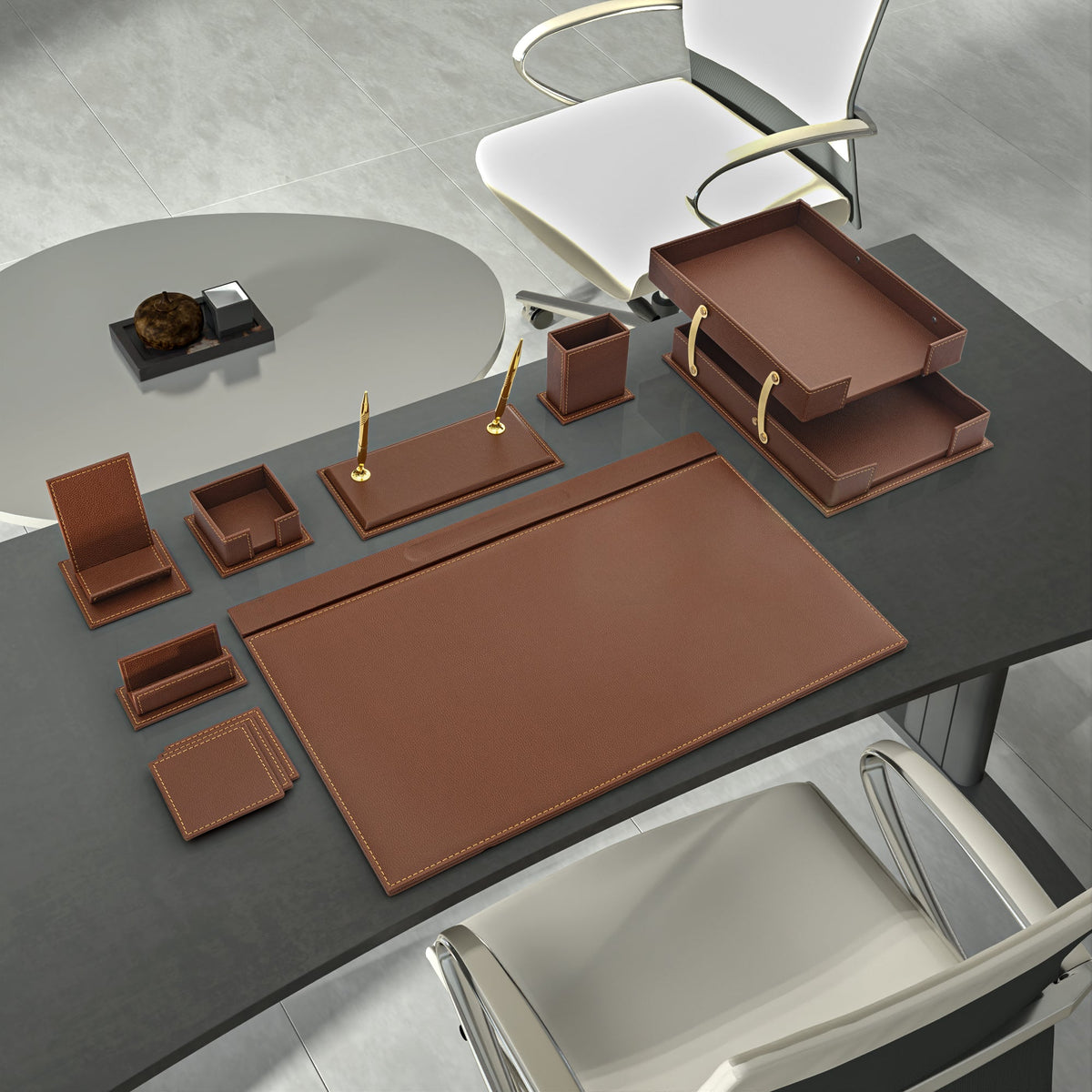 Brown leather-look desk organizer set with trays, pen holders, and large mat