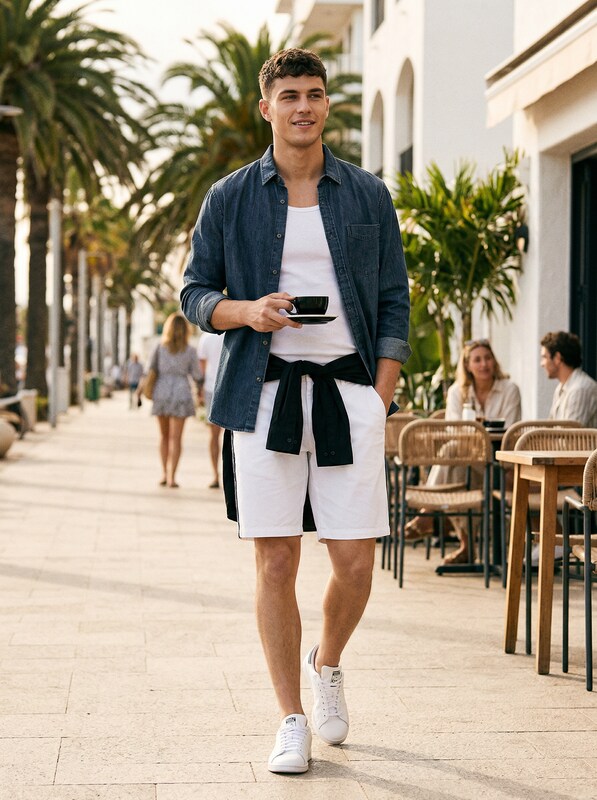 Men's white flat-front knee-length shorts with belt loops and side pockets