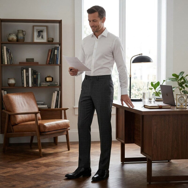 Men's dark gray plaid slim-fit stretch suit pants, full-length side view