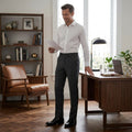 Men's dark gray plaid slim-fit stretch suit pants, full-length side view