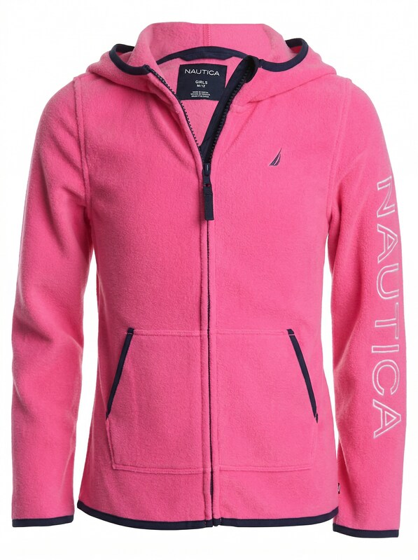 Girls' pink hooded fleece jacket with black zipper, side pockets, logo
