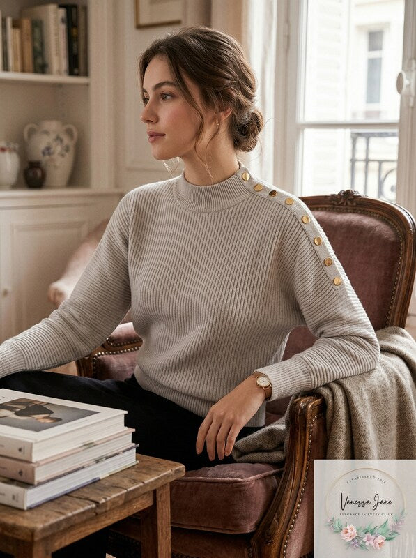 Beige long-sleeve mock neck sweater with gold buttoned shoulder accents