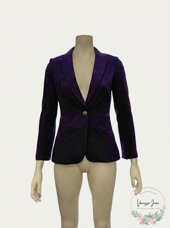 Eggplant purple blazer on mannequin, notch lapels and button front