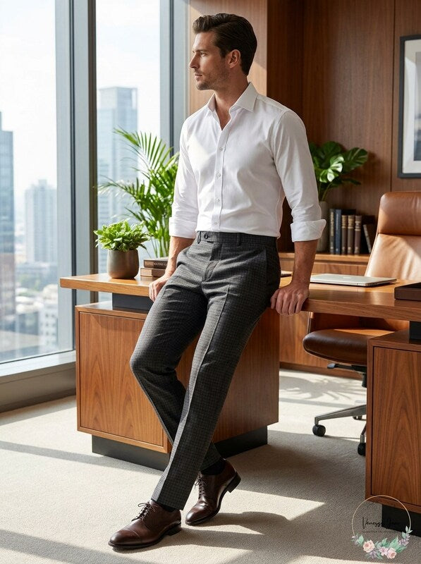Men's slim-fit dress pants with mini-check pattern, dark grey/black, belt loops and slanted pockets.