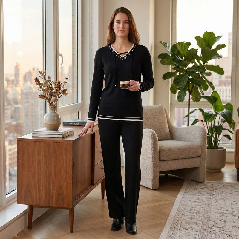 Black V-neck lace-up sweater with drawstring ties, contrast trim, and ribbed hem
