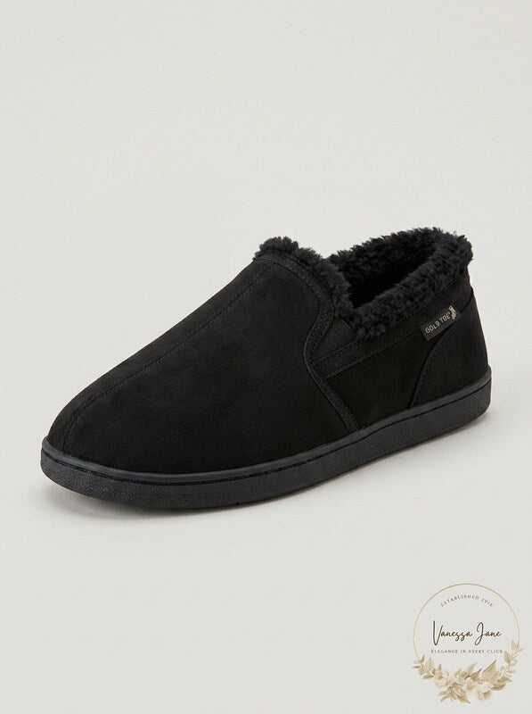 Men's black faux fur slip-on loafer slippers