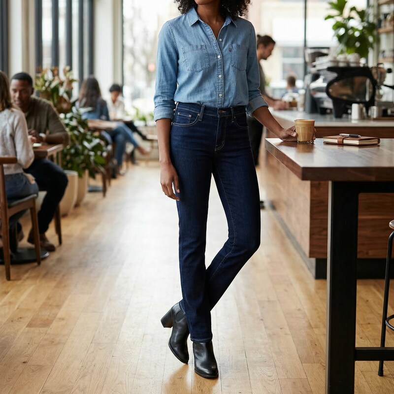 Women's high-rise straight jeans in dark blue denim with five-pocket style and belt loops.