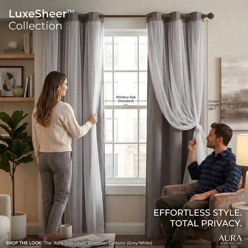 Gray layered blackout curtains with sheer overlay and grommet tabs, two panels