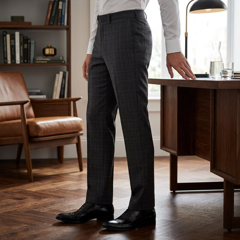 Men's dark gray plaid slim-fit stretch suit pants with belt loops, standing side view