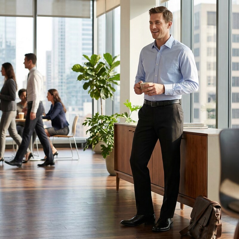 Men's black stretch slim-fit pants, front view standing in an office setting