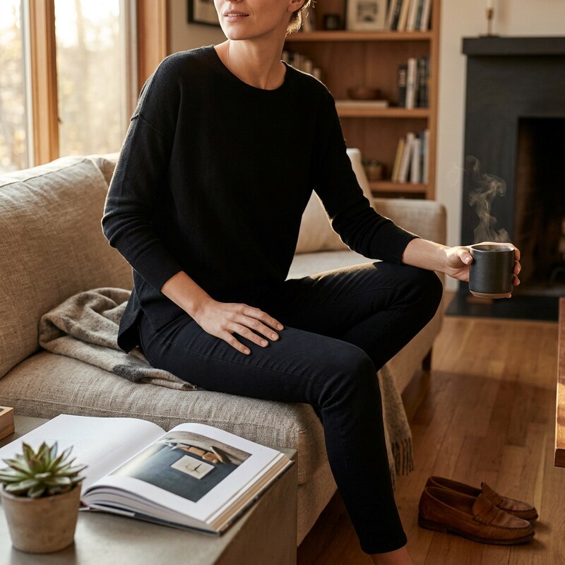 Women's black crewneck sweater with long sleeves and hi-low hem