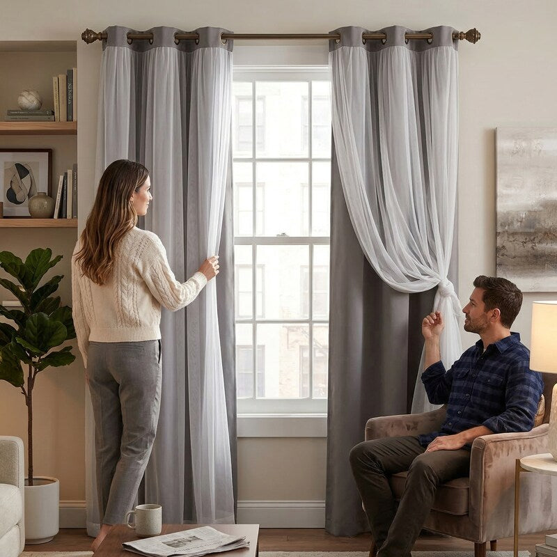 Layered blackout curtain set with gray solid and sheer panels, grommet top