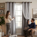Layered blackout curtain set with gray solid and sheer panels, grommet top
