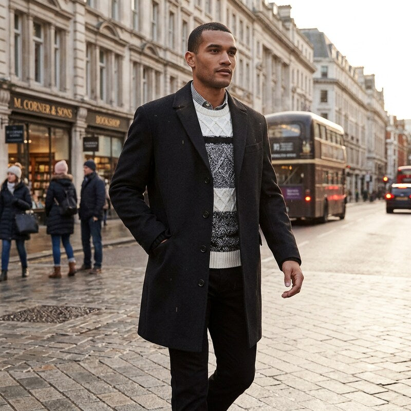 Men's black wool-blend overcoat with notched lapels, front buttons, and long hem