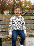 Boys white fleece logo hoodie with allover print, hood, and front kangaroo pocket