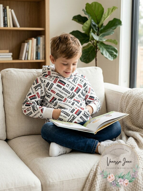 Boys white fleece logo hoodie, hooded sweatshirt with long sleeves and front pocket