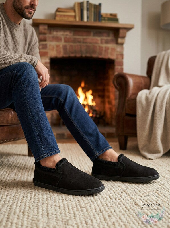 Men's black faux fur loafer slippers