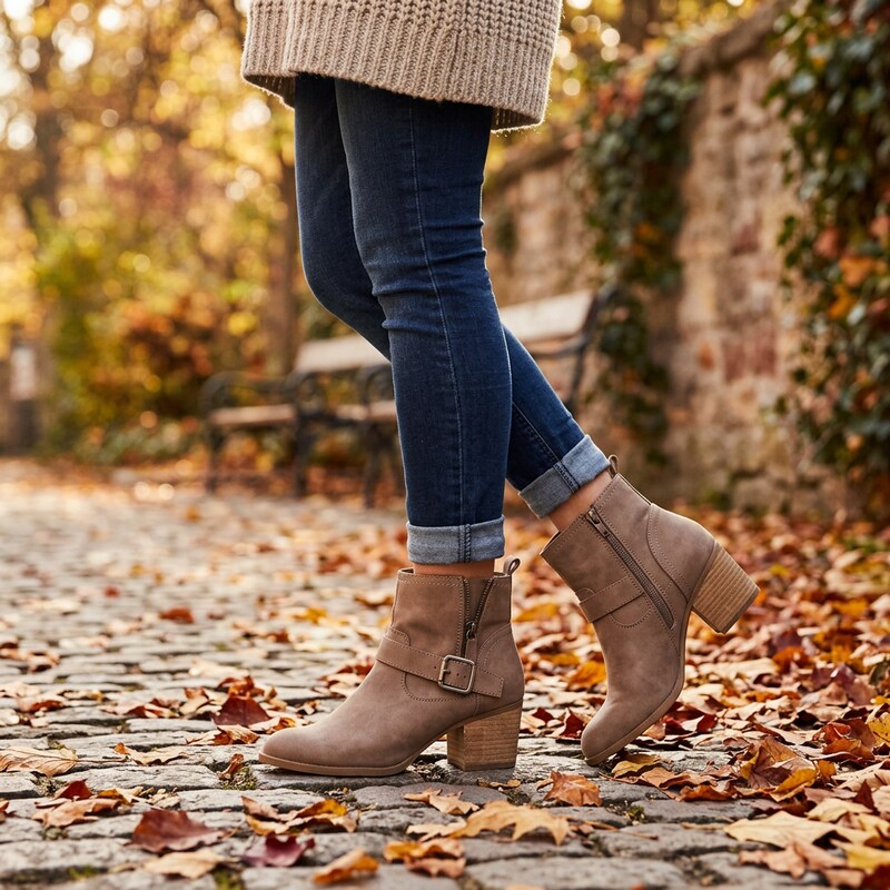 Taupe ankle boots with side buckle and block heel