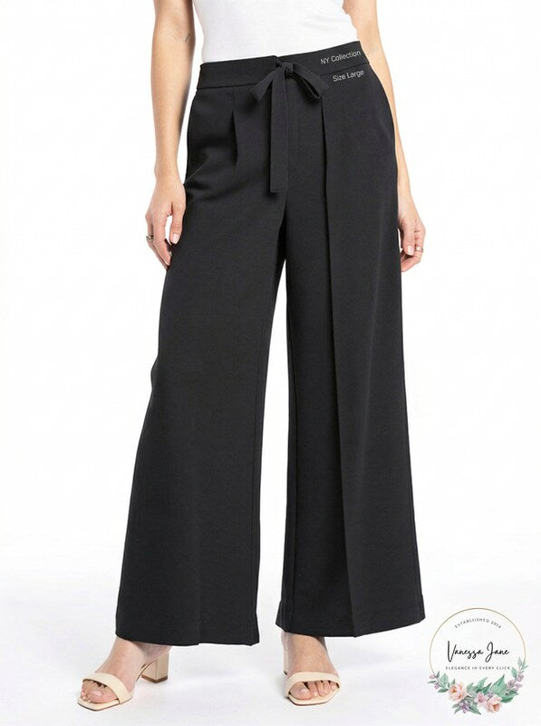 NY Collection black wide-leg pants with front tie waist and cropped leg opening