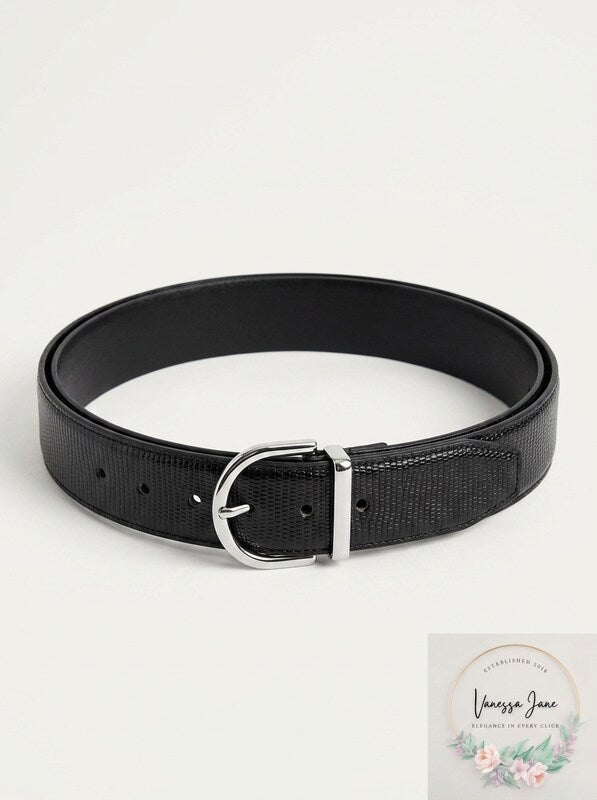 Men's reversible pant belt, black textured leather look with silver oval buckle
