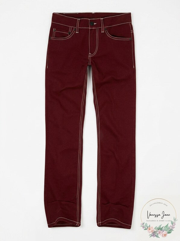 Burgundy slim stretch pants with stitched back yoke and two back pockets