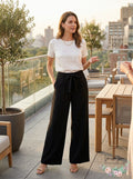 NY Collection women's wide-leg pants in black with tie-waist belt, full length