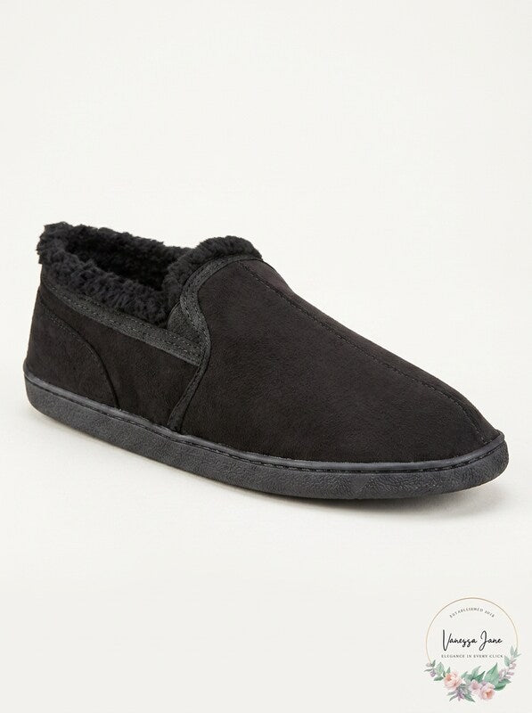 Men's black faux fur slip-on loafer slippers, side view
