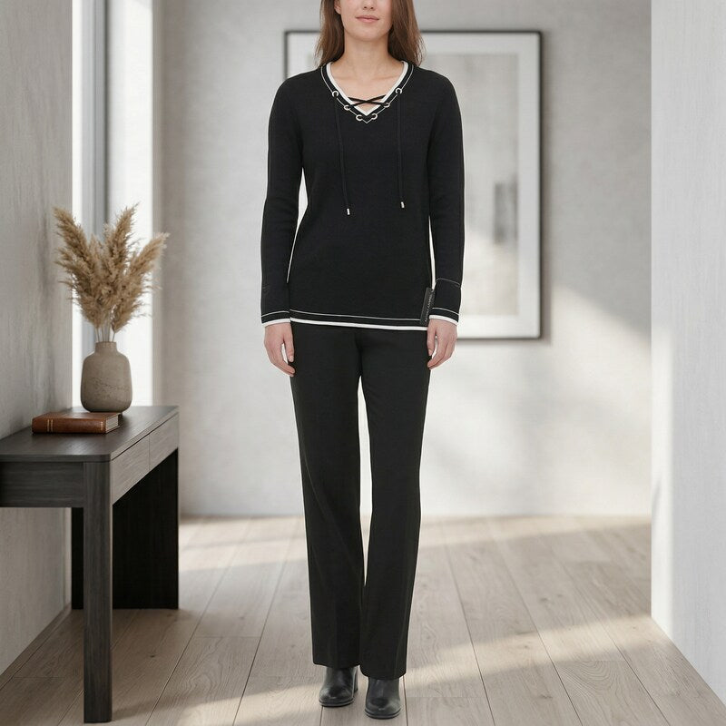 Black long-sleeve V-neck lace-up sweater with striped trim and ribbed cuffs