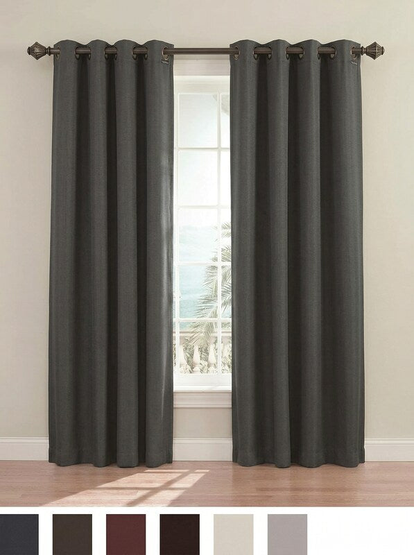 Blackout curtain panel set with grommet top, vertically pleated dark charcoal