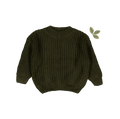 Chunky knit sweater in moss green with ribbed crew neck, cuffs, and hem.