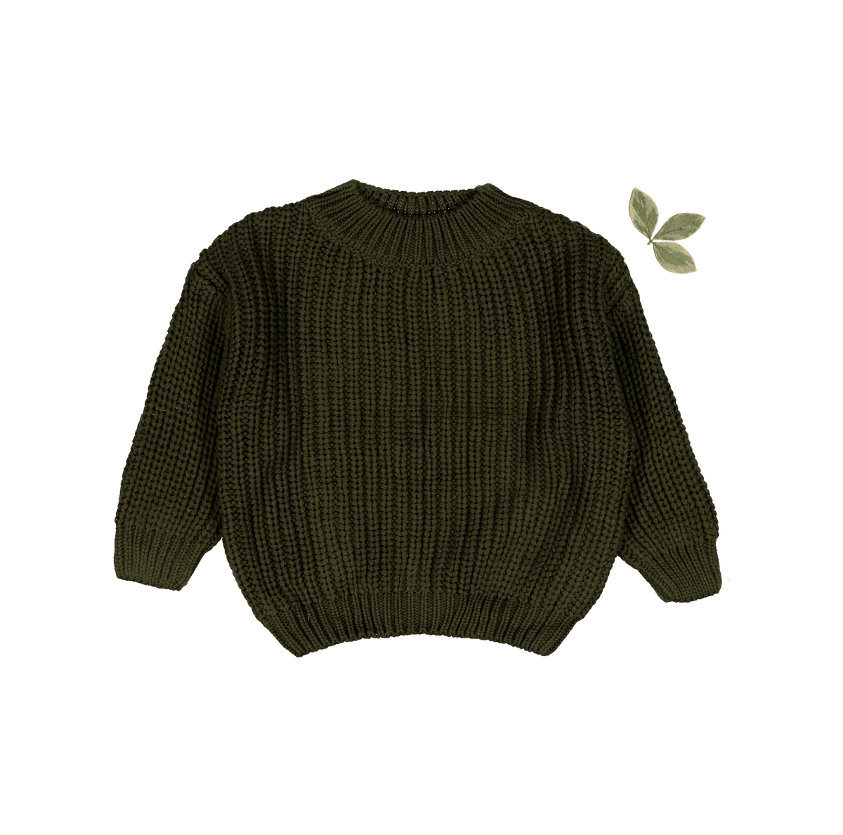 Chunky knit sweater in moss green with ribbed crew neck, cuffs, and hem.