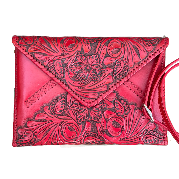 Hand-tooled leather crossbody & clutch bag, bright red with floral emboss and side strap