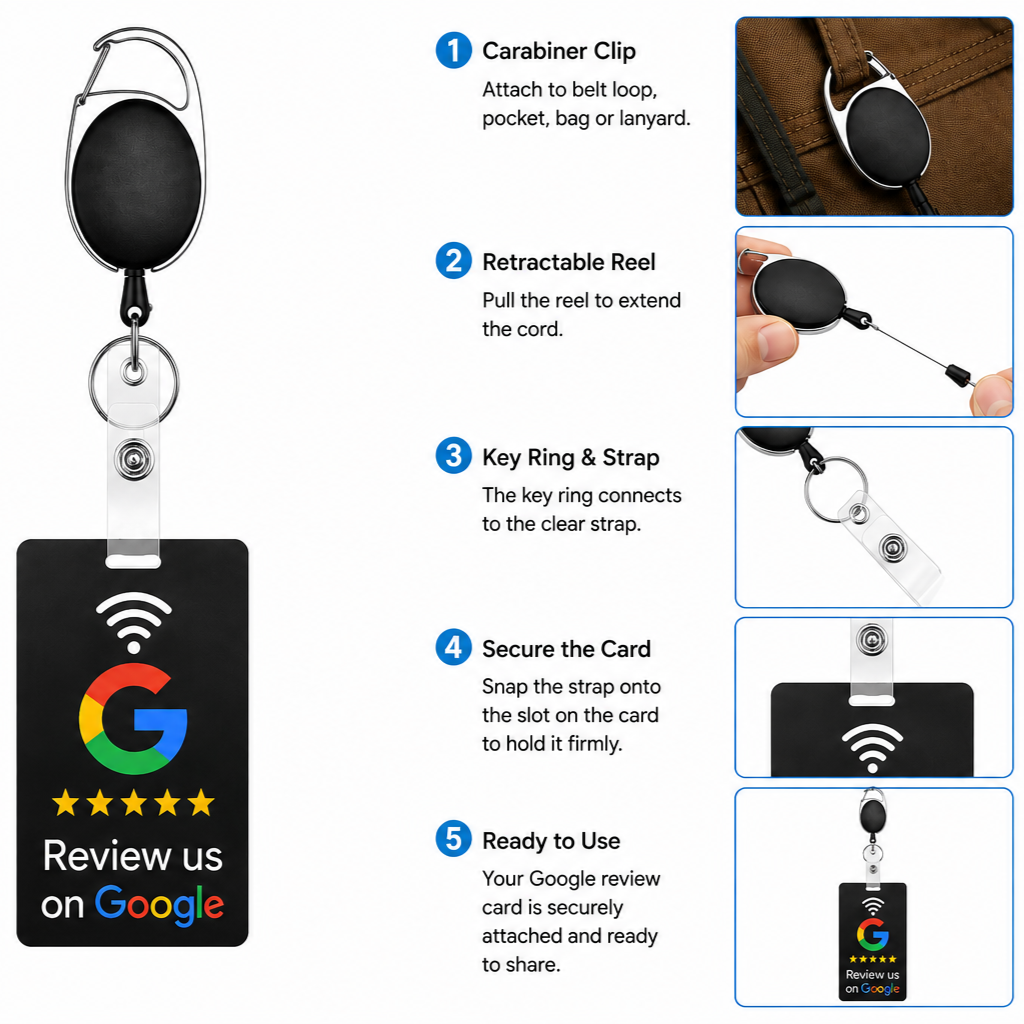 Retractable badge reel kit diagram with carabiner, retractable cord, and card holder