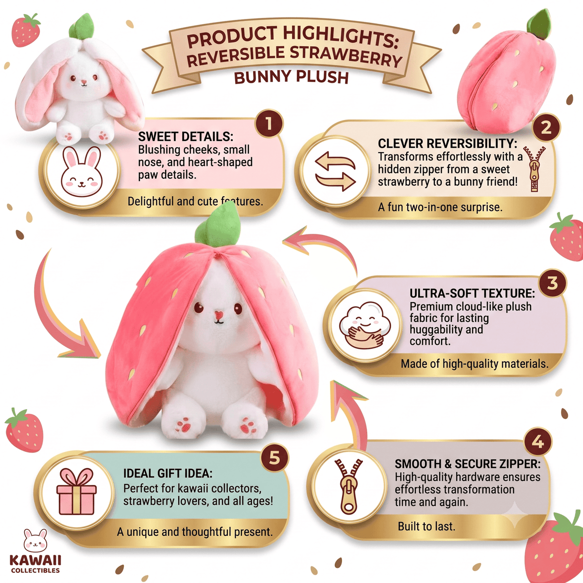 Reversible strawberry bunny plush toy, pink side with white face and paw details
