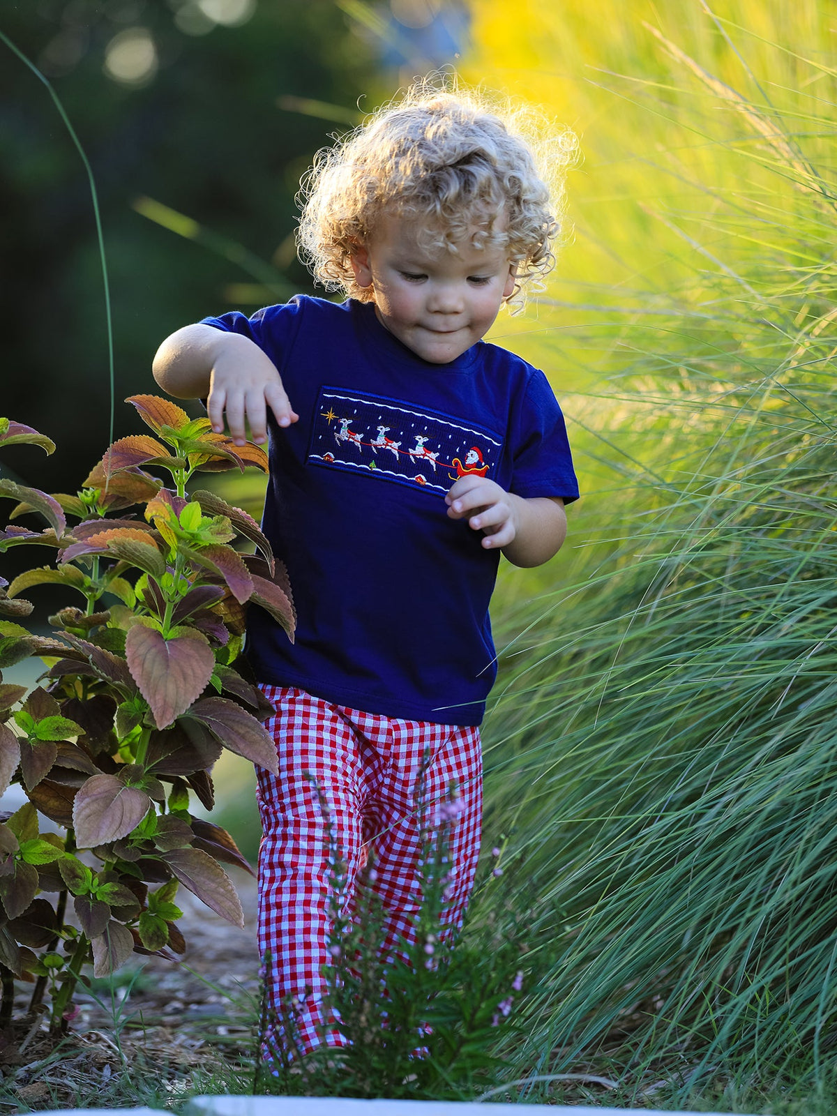 Toddler boys navy holiday T-shirt and red plaid pants set with Santa sleigh front print